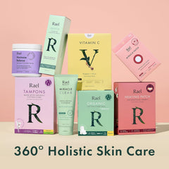 Rael flatlay with ingredients and tube conveying clean formulation benefit