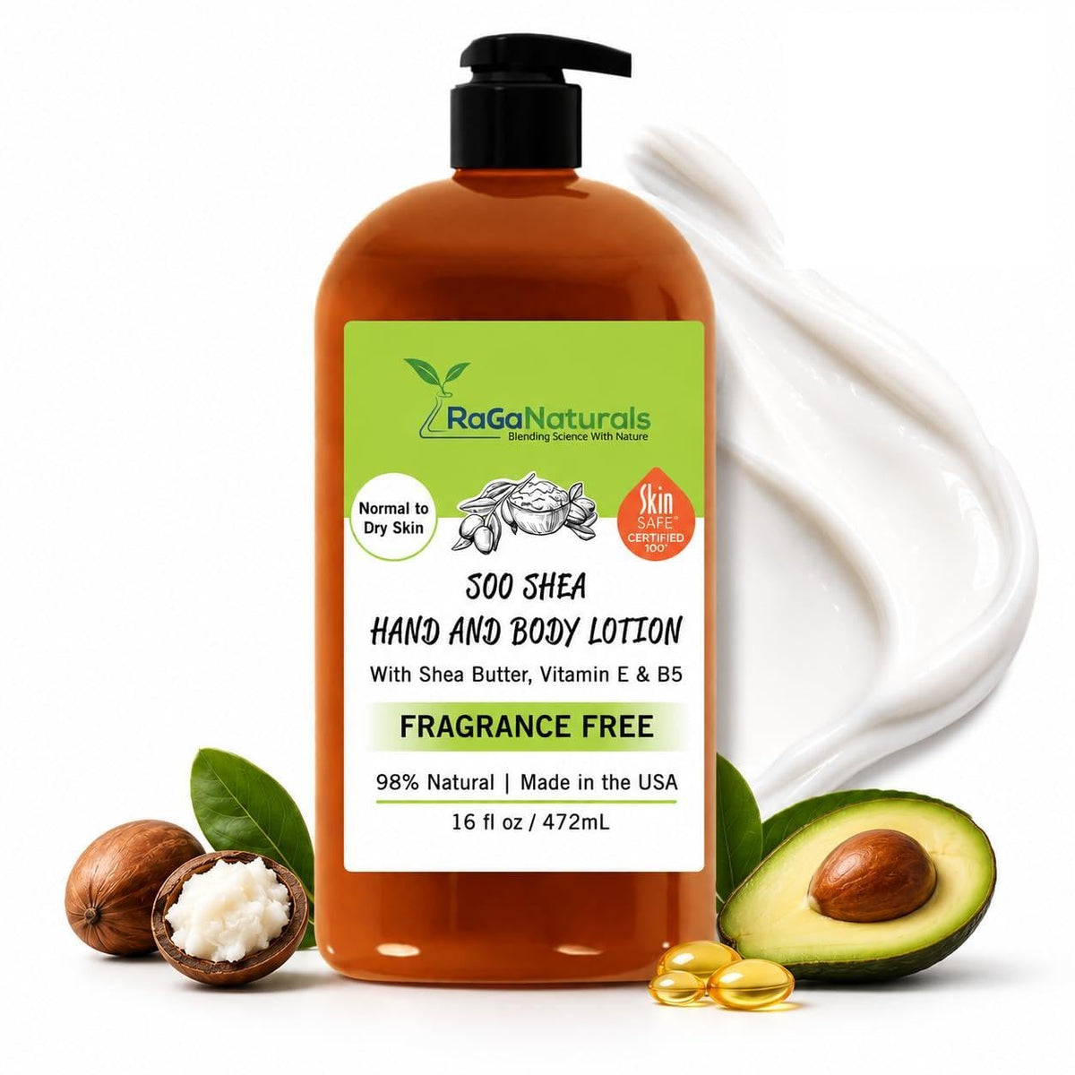 RaGaNaturals front bottle view showing 16 oz unscented lotion and clear labeling benefit