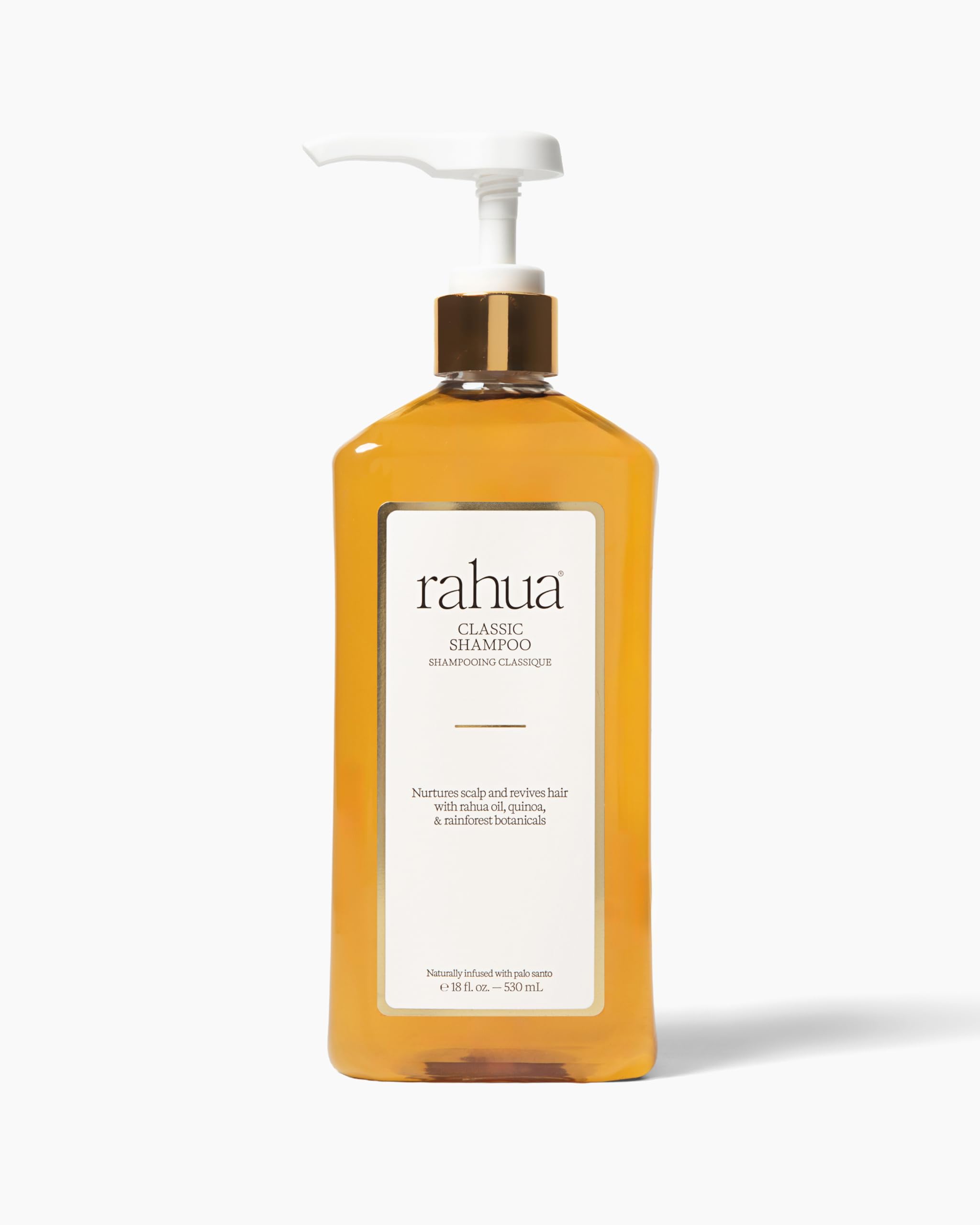 Rahua Classic Shampoo front bottle showing label and natural packaging benefit: clear ingredient visibility