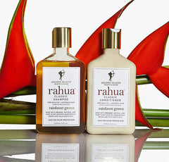 Rahua before-and-after hair smoothing display showing reduced frizz and added shine