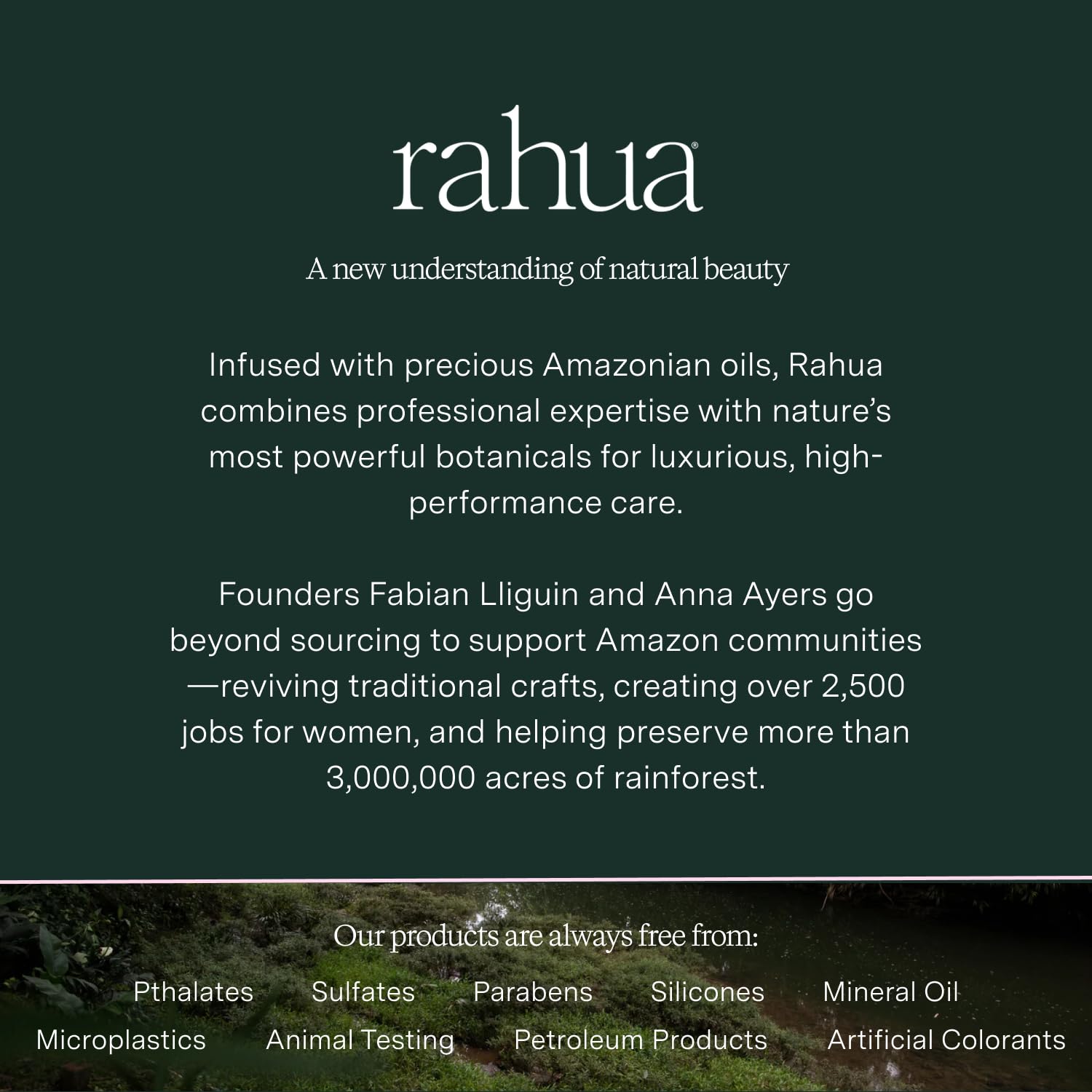 Rahua bottle with Amazon backdrop emphasizing sustainable sourcing benefits