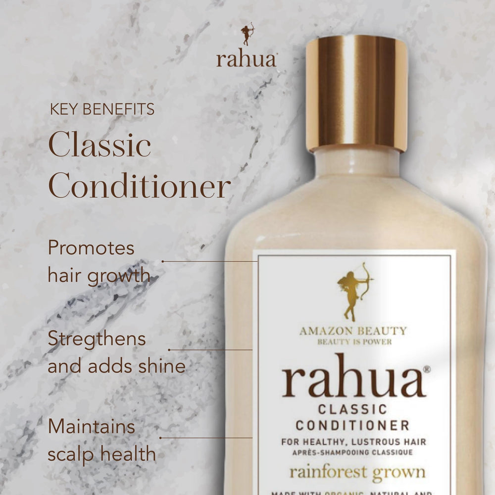 Rahua label and pump detail highlighting clean ingredients and easy dispensing benefit