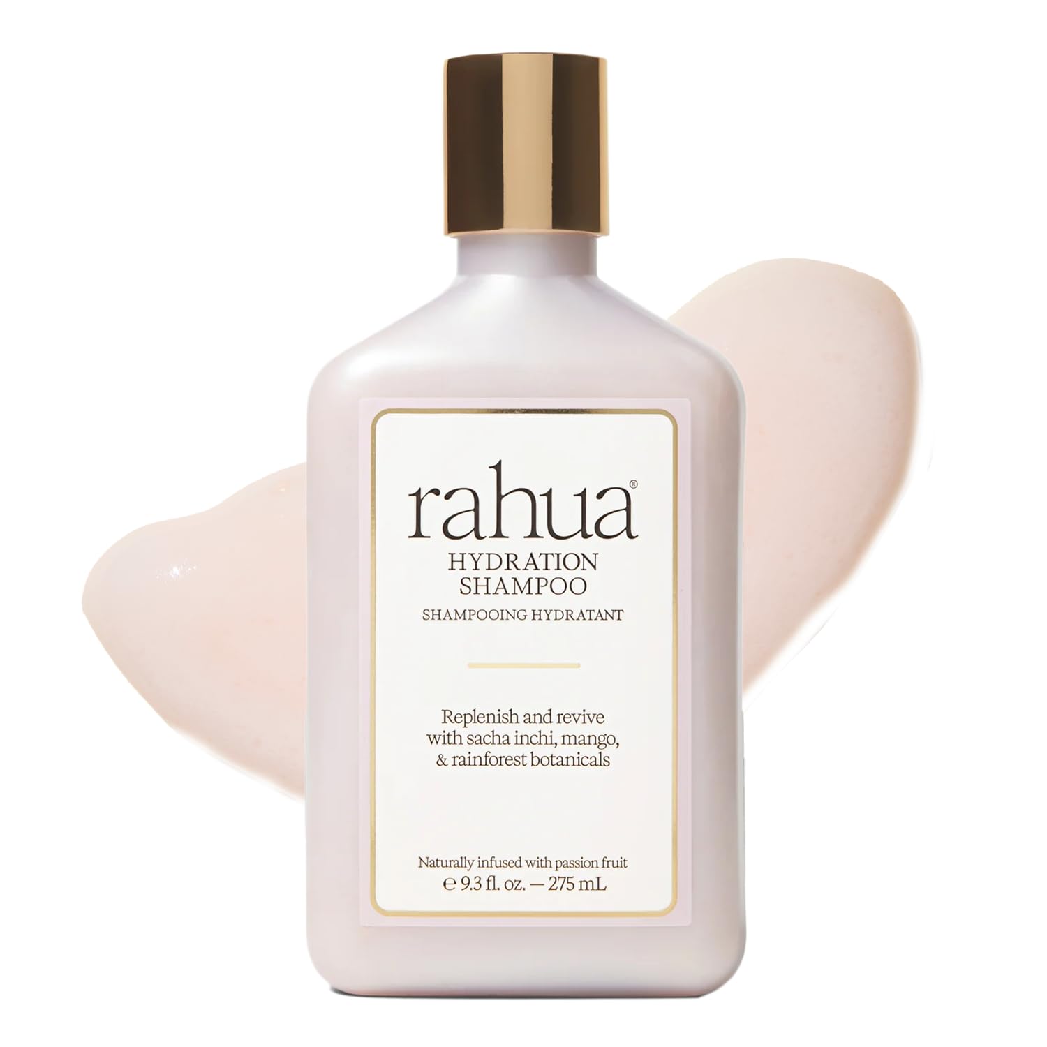 Rahua hydration shampoo front bottle showing label and tropical scent benefits