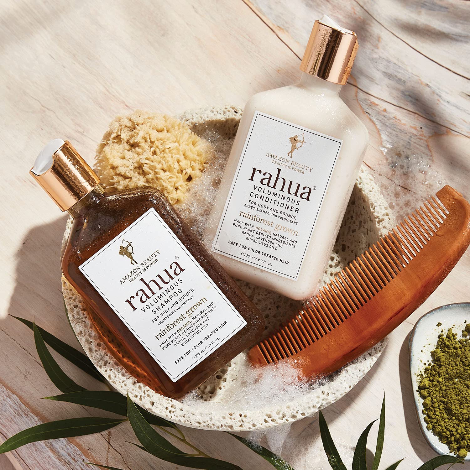 Rahua ingredients display with lemongrass and green tea representing clarifying benefits