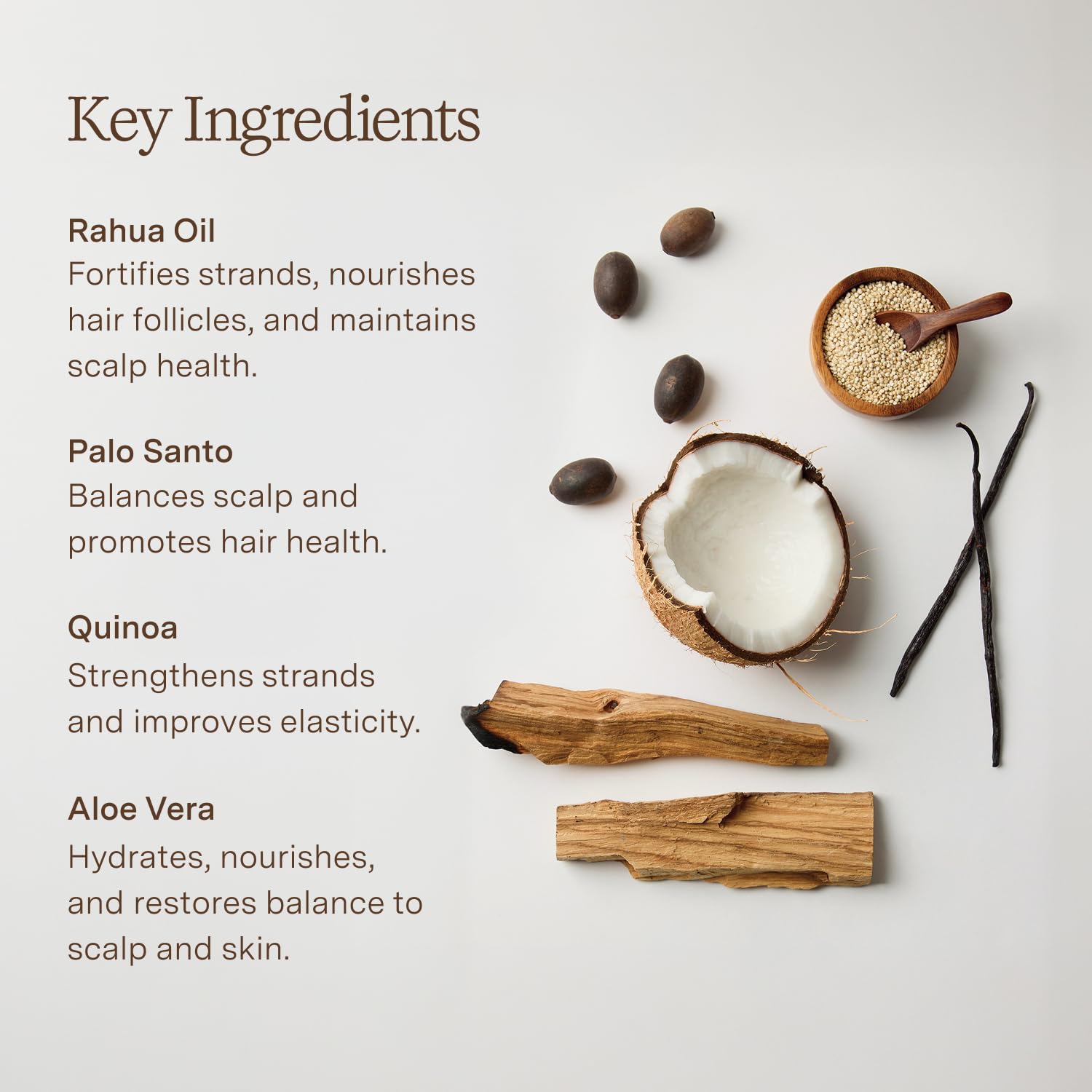 Rahua shampoo with quinoa and coconut ingredients showing repair benefit