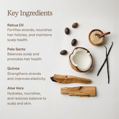 Rahua shampoo with quinoa and coconut ingredients showing repair benefit
