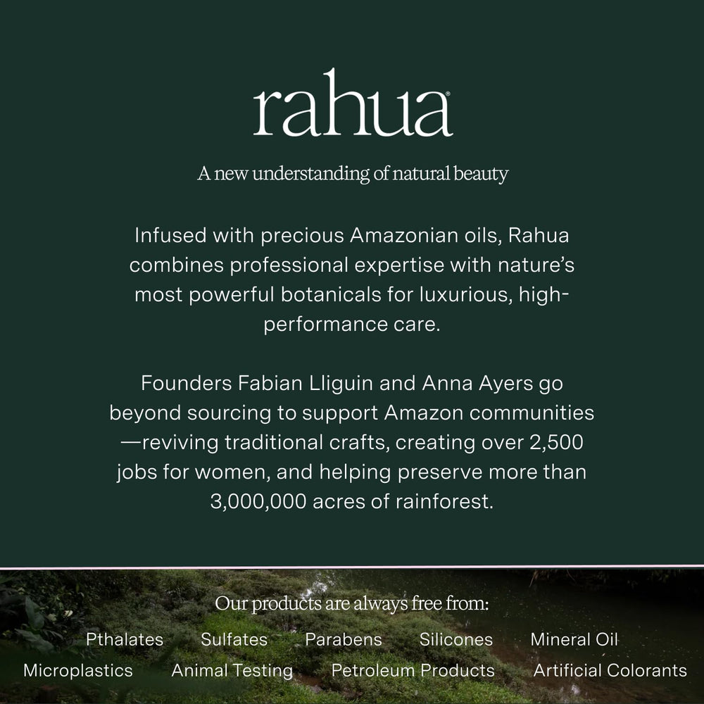 Rahua shampoo packaging set against forest illustrating sustainable sourcing benefit
