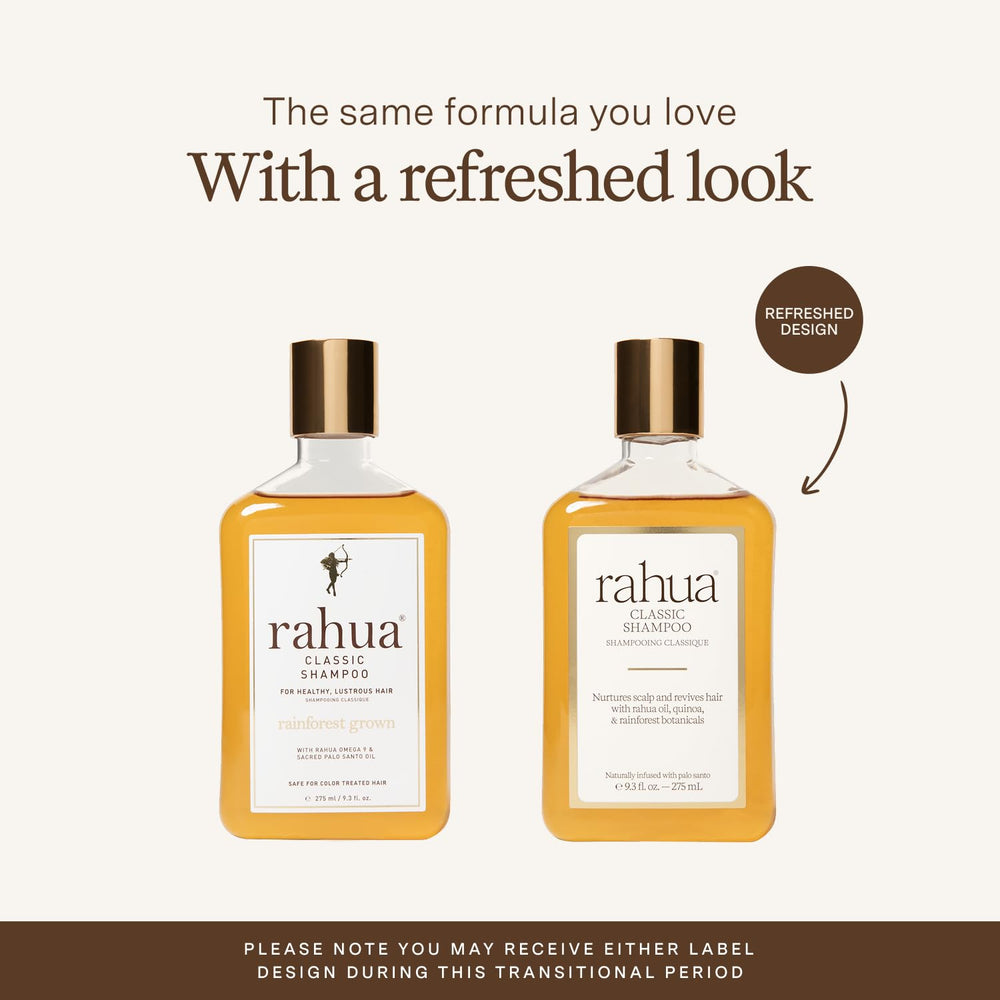 Rahua shampoo pump and label detail highlighting organic ingredients benefit