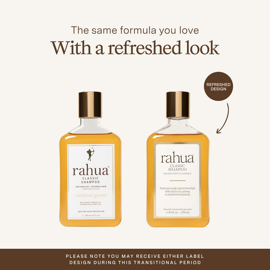 Rahua shampoo pump and label detail highlighting organic ingredients benefit