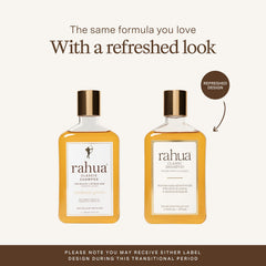 Rahua shampoo pump and label detail highlighting organic ingredients benefit