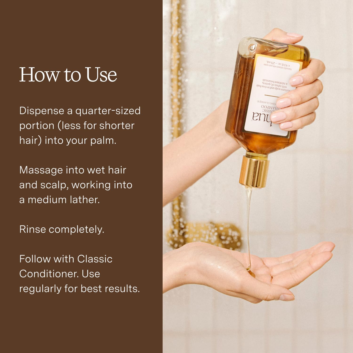 Rahua shampoo size comparison in hand showing 9.3 fl oz travel-friendly benefit