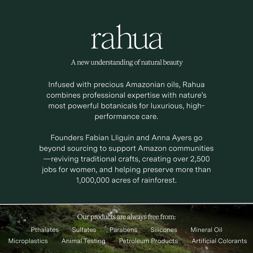 Rahua 9.3 fl oz bottle next to a hand to show true size and portability