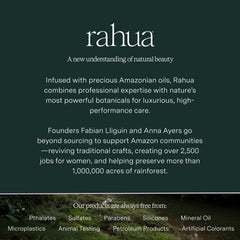 Rahua 9.3 fl oz bottle next to a hand to show true size and portability