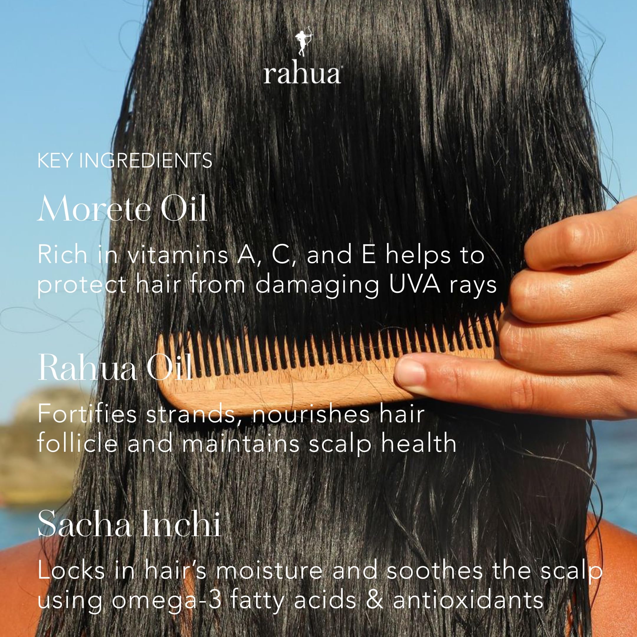 Rahua mist on hair strand displaying smooth texture and slip