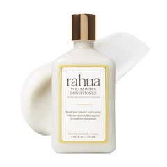 Rahua front bottle showing product branding and volumizing claim for fuller hair