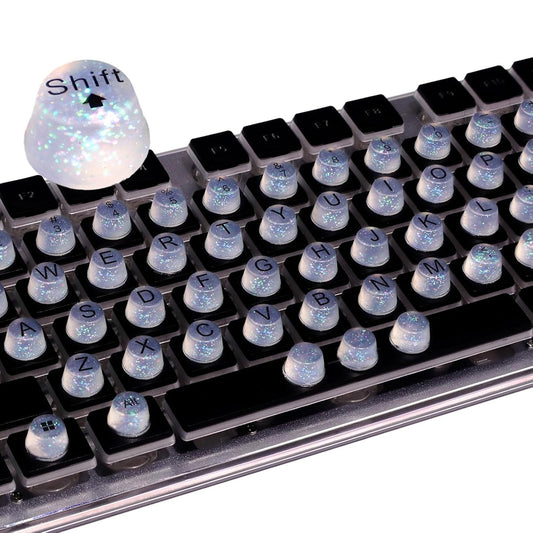 Raised Button front packaging showing 64 clear glitter keycaps and benefits