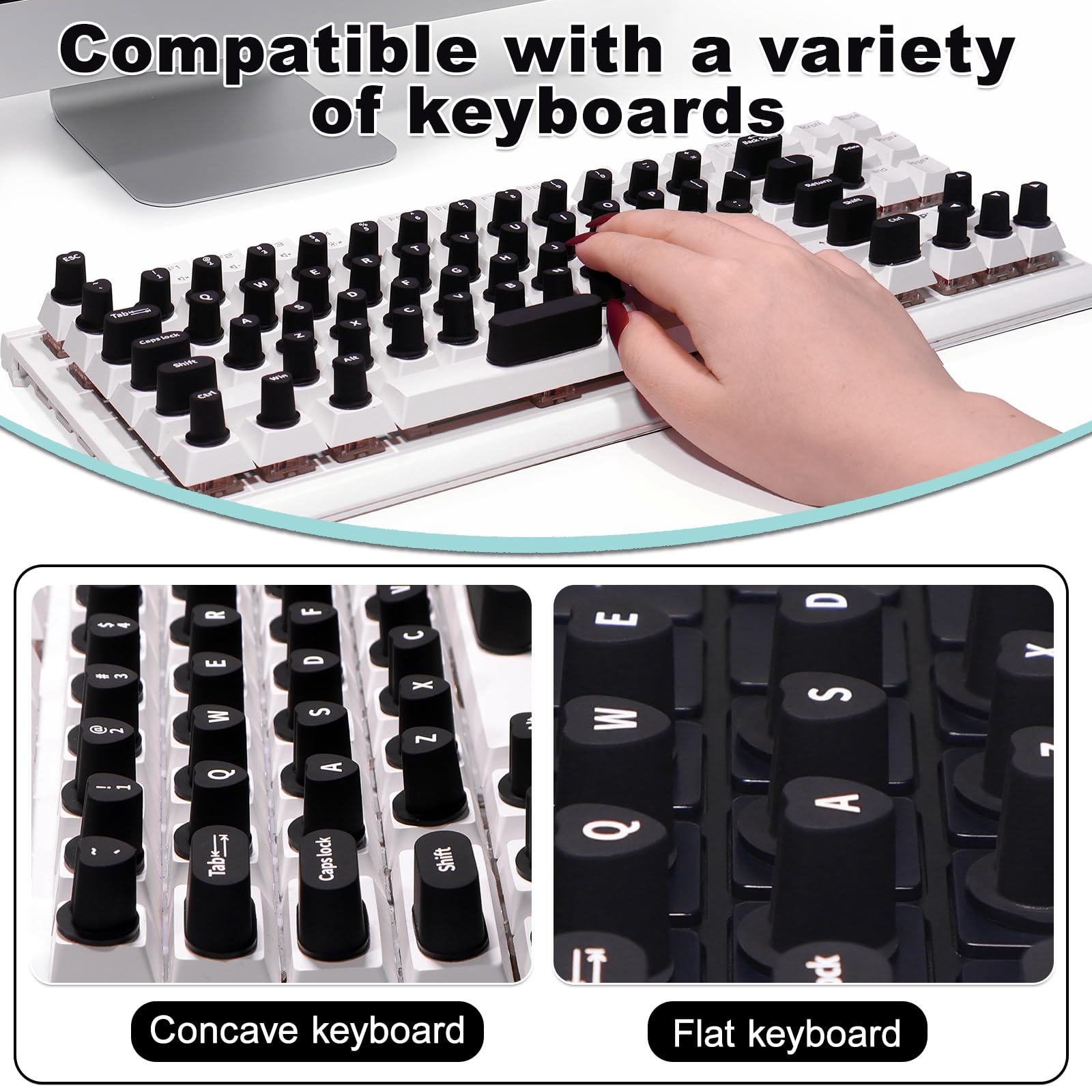 Raisetip keycap layout on a black keyboard, clear laser-printed letters visible