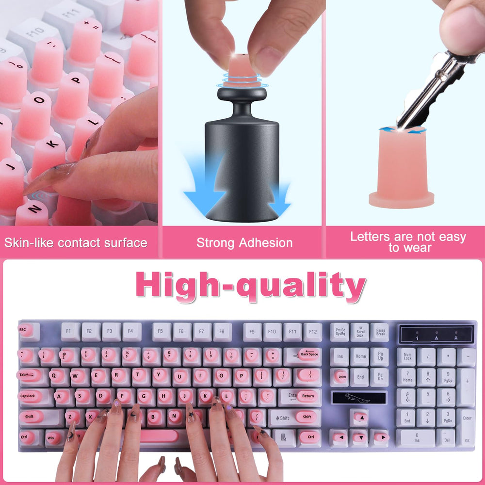 Raisetip keycap on laptop being pressed by long acrylic nail improving typing accuracy