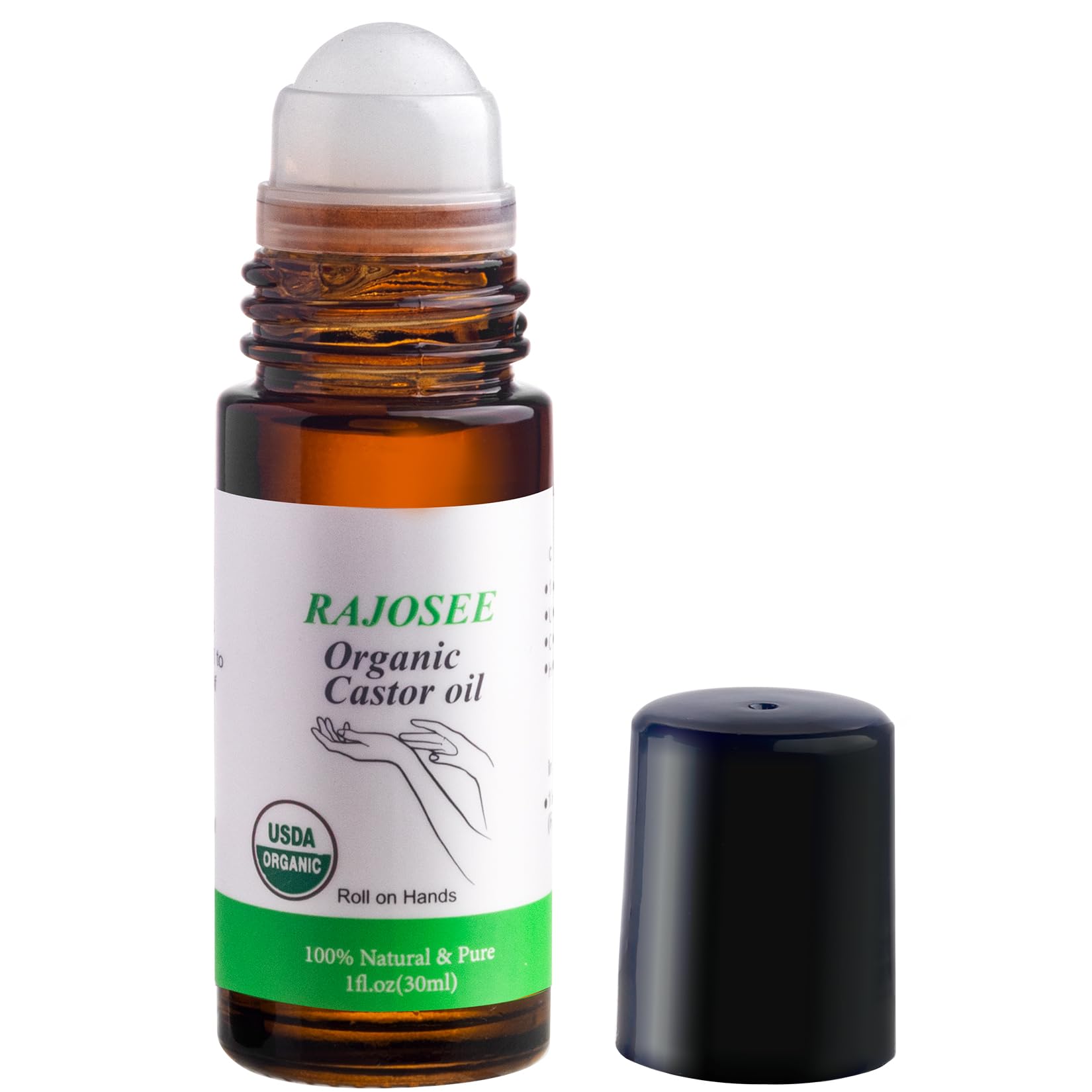 RAJOSEE front view of amber glass roll-on showing label and size, convenient use