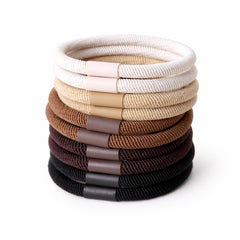 Random Mood front packaging view showing ten neutral hair ties and clear box, convenient storage