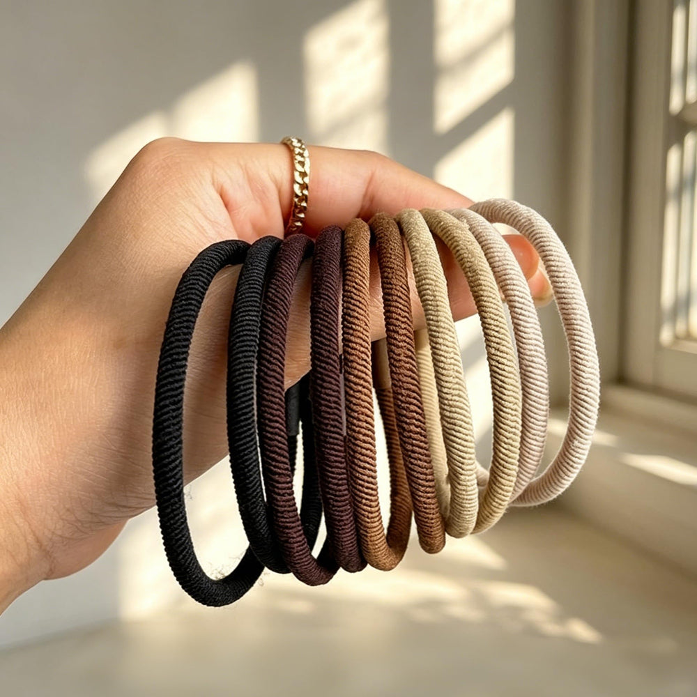 Random Mood hair tie worn on wrist as bracelet, discreet accessory and ready use