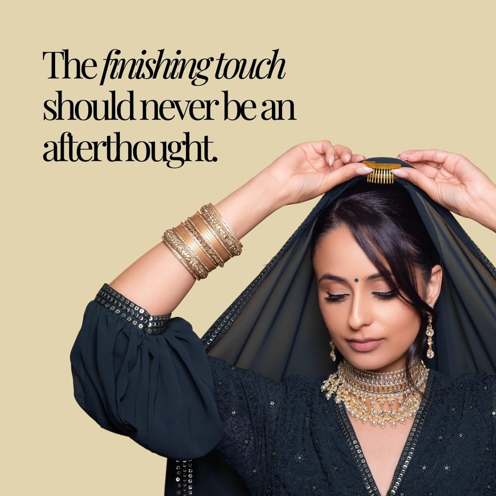Rani Pins securing a dupatta to hair, demonstrating stability and neat look