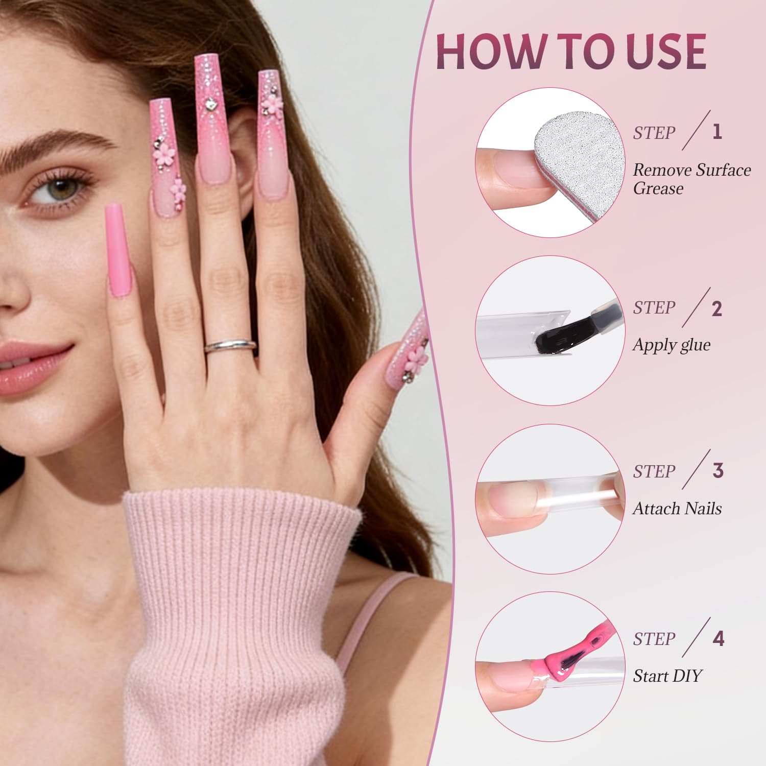 ranrose model wearing long stiletto extensions showing dramatic length
