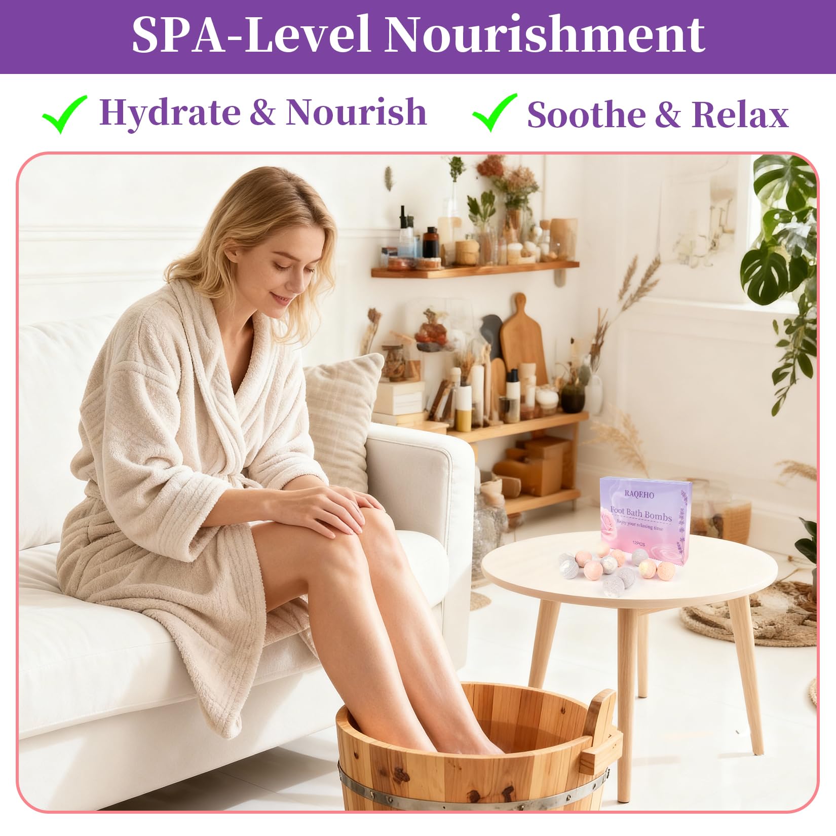 RAQEHO foot soak in home setting promoting calm and relief