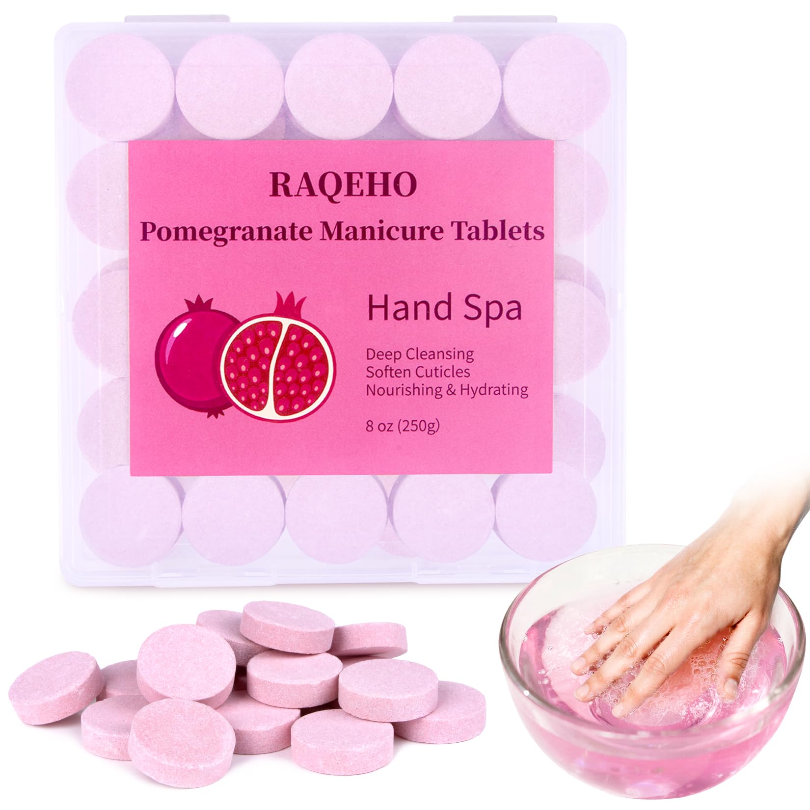 RAQEHO jar front view showing pomegranate tablets for neat storage and travel