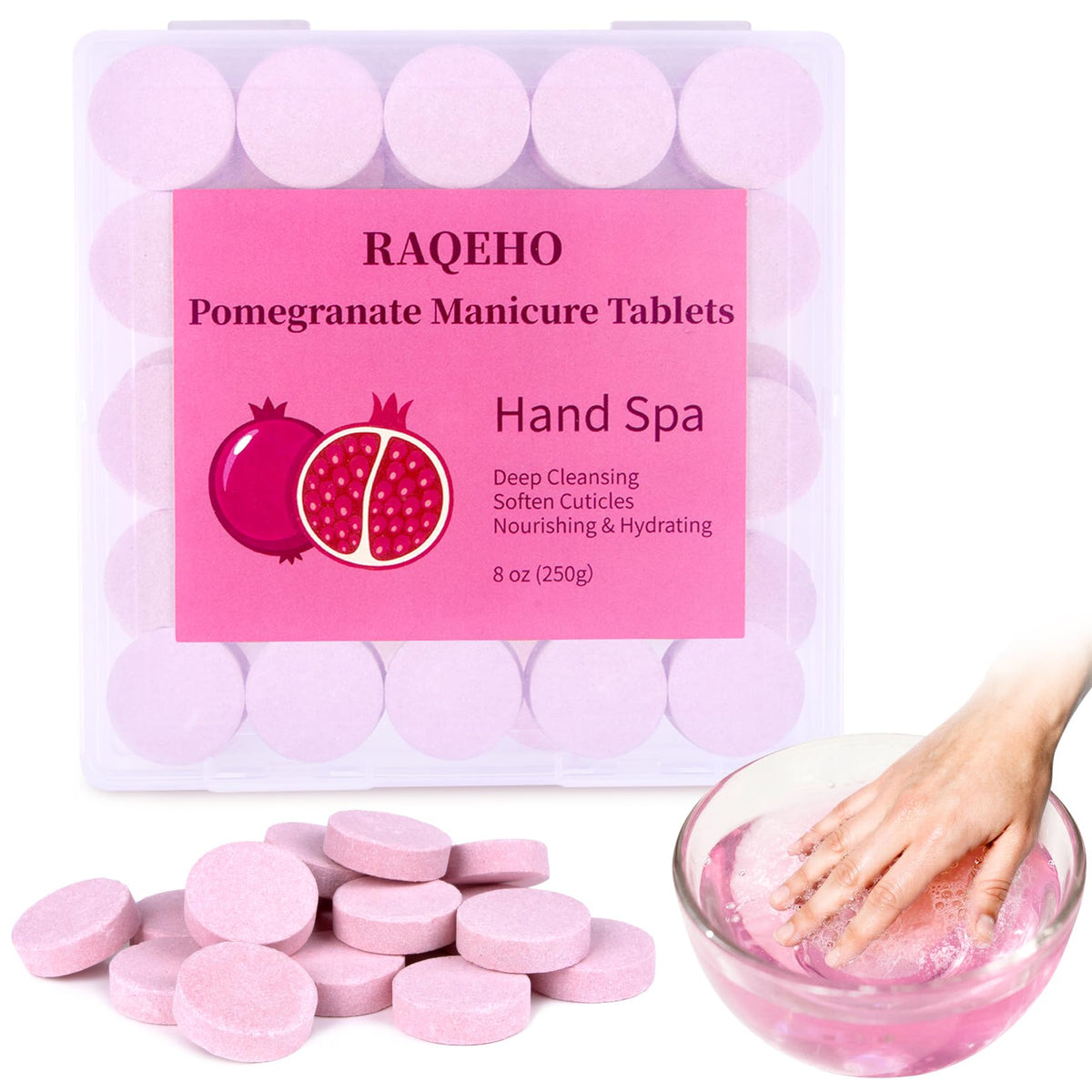 RAQEHO jar front view showing pomegranate tablets for neat storage and travel