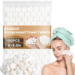 RAQEHO front packaging showing 180 compact towel tablets and easy storage benefit