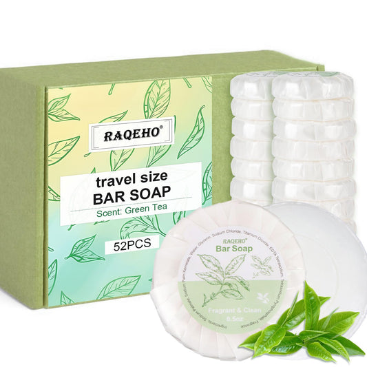 RAQEHO front packaging showing 52 wrapped green tea soap bars and clear count
