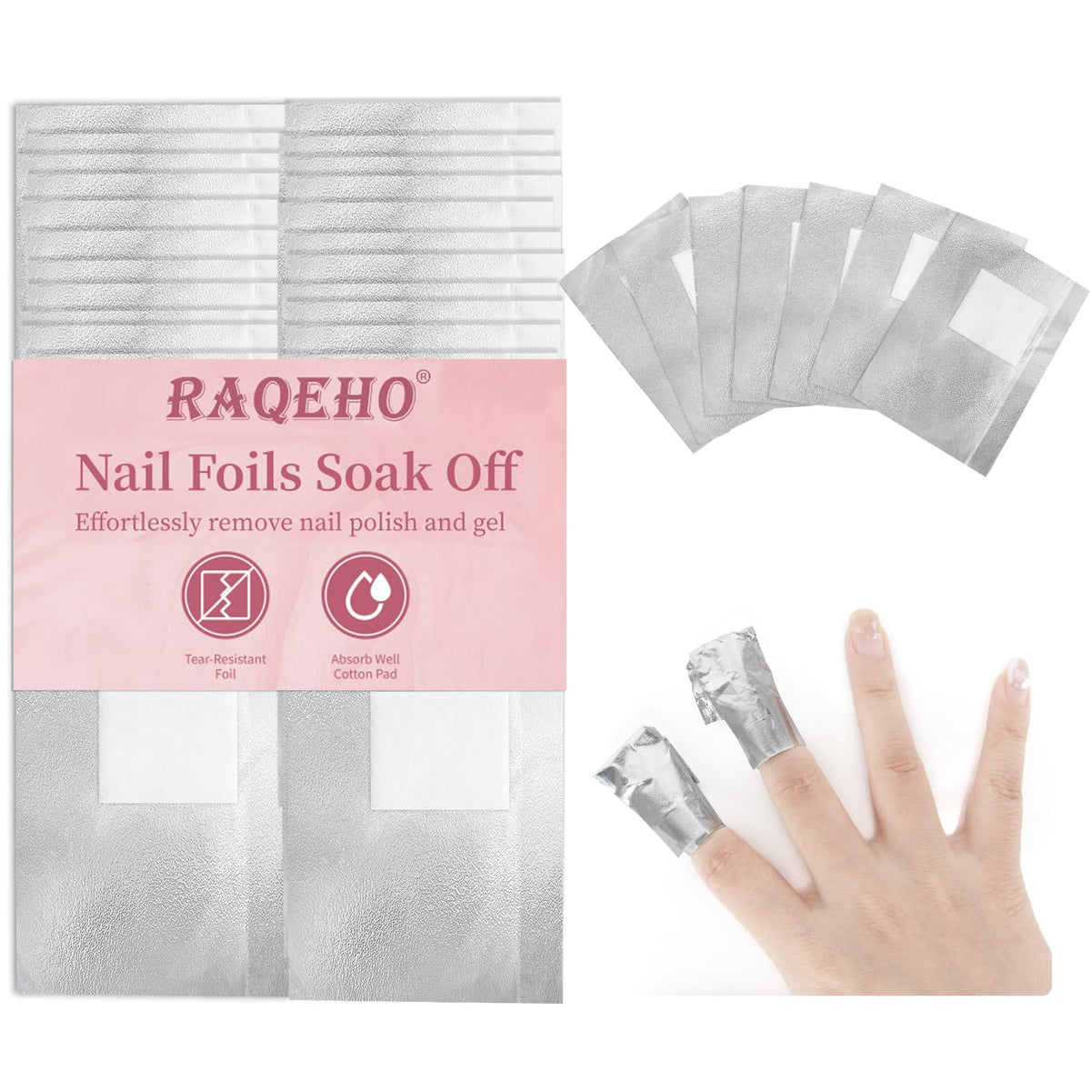 RAQEHO front packaging showing 300 pre-cut foil wraps for fast removal