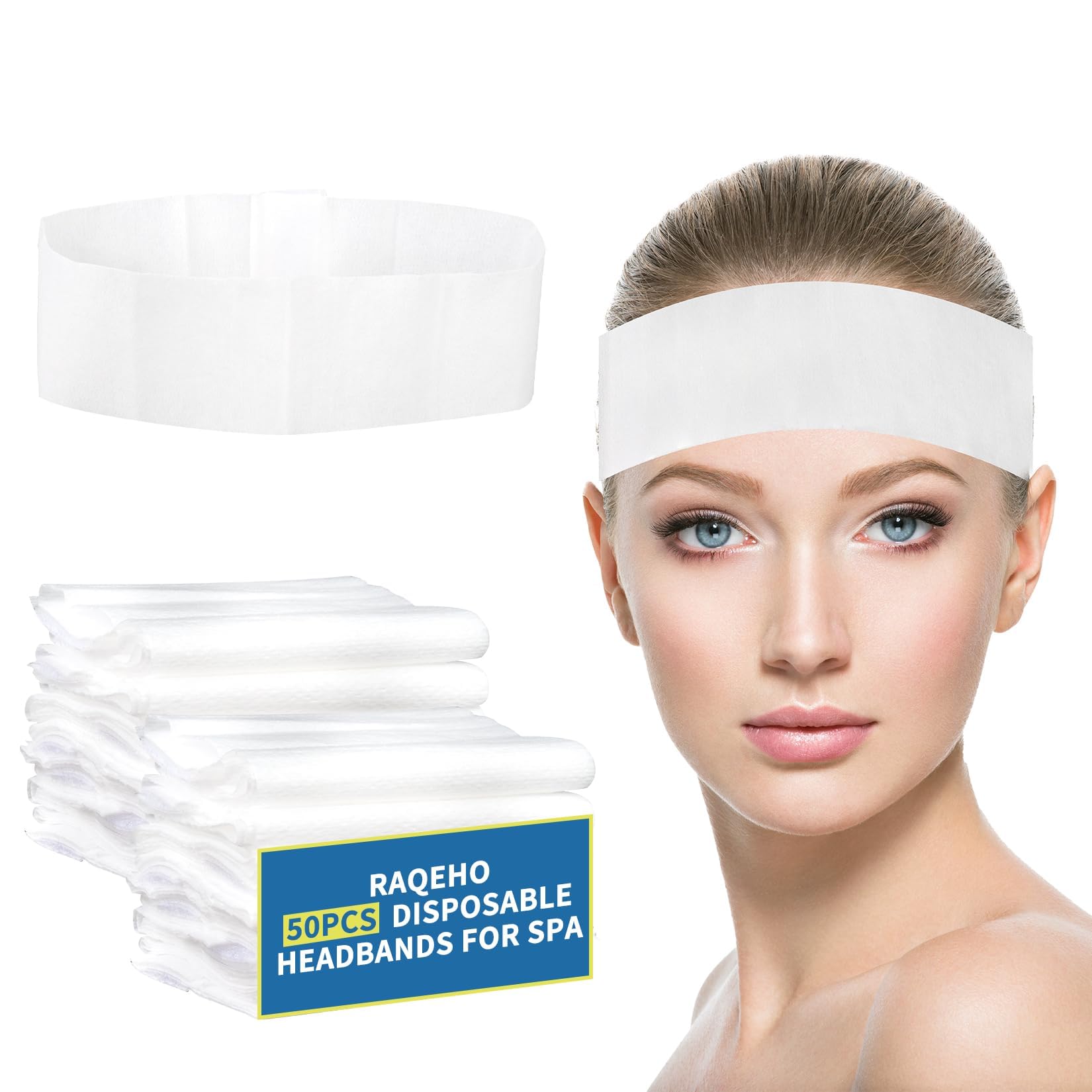 RAQEHO front packaging showing 50 disposable headbands and clear labeling benefit