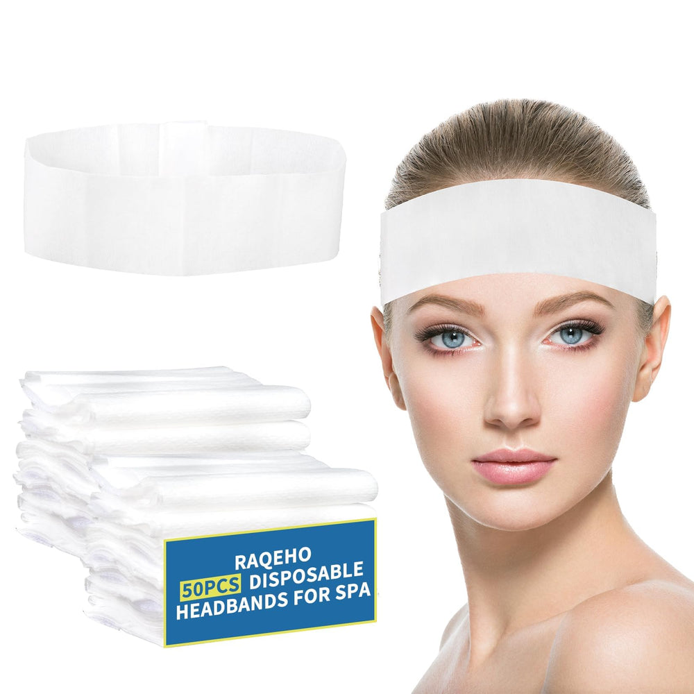 RAQEHO front packaging showing 50 disposable headbands and clear labeling benefit