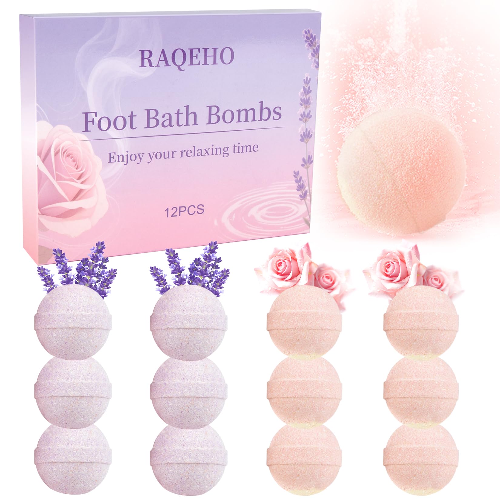 RAQEHO front packaging showing 12 bath bombs and benefits
