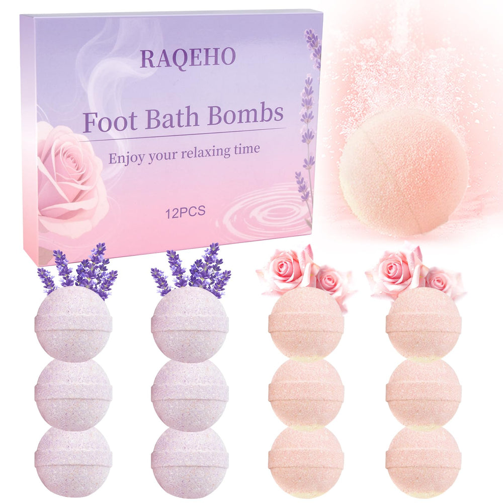RAQEHO front packaging showing 12 bath bombs and benefits