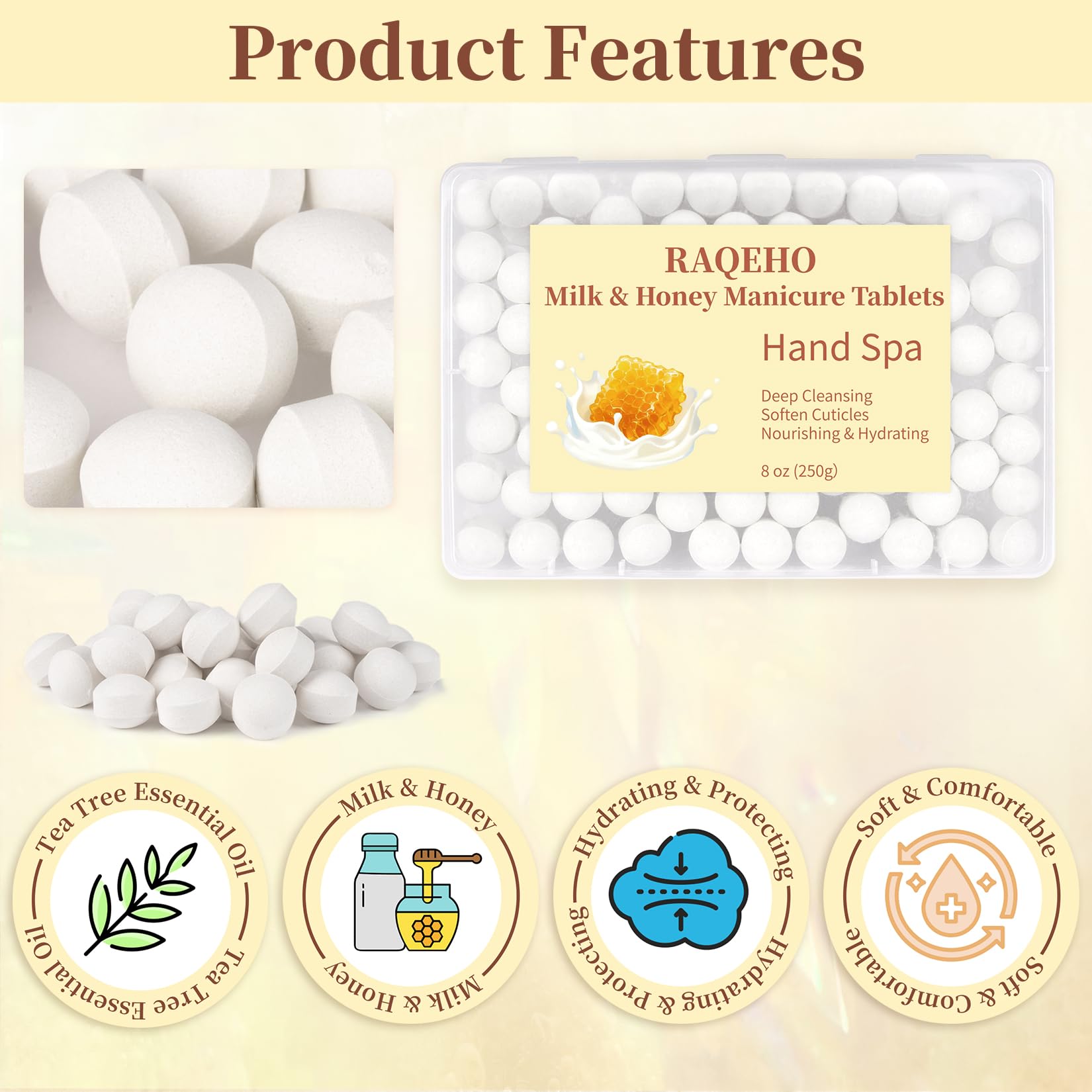 RAQEHO hand soak bowl with tablet dissolving, demonstrates softening effect