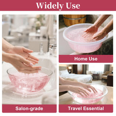 RAQEHO lifestyle spa scene with hands soaking showing relaxed nail care