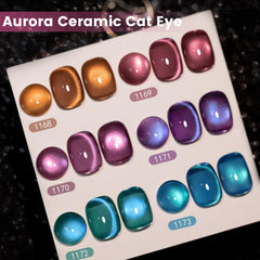 RARJSM nails close-up with finished cat-eye manicure, vibrant galaxy shimmer