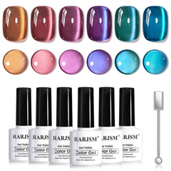 RARJSM front set packaging showing six shimmering cat-eye gel bottles, professional result