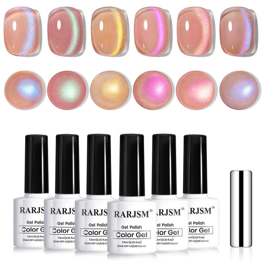RARJSM front packaging showing six glitter cat eye bottles and included magnet for easy selection