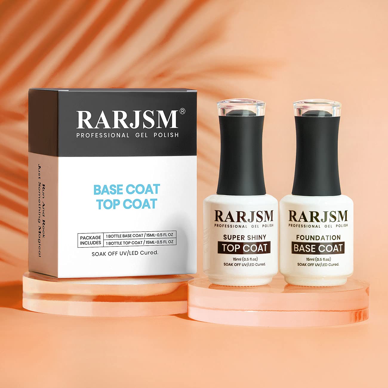 RARJSM base coat bottle close-up showing brush and label benefits