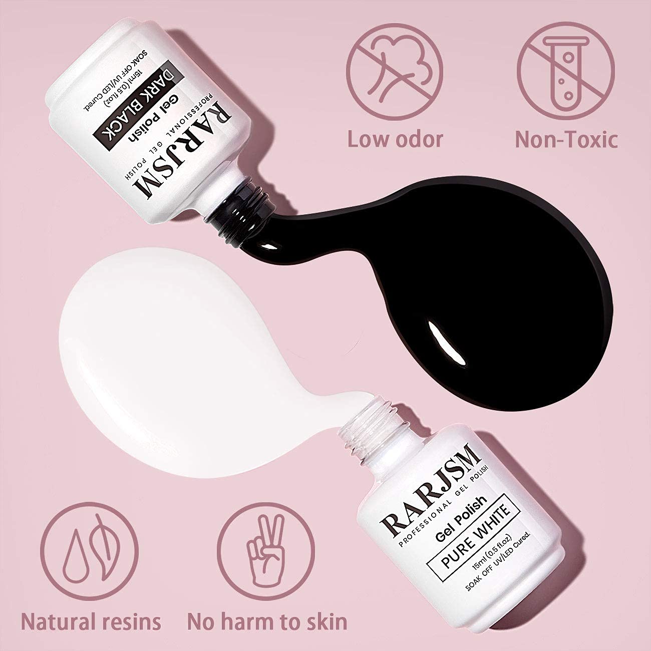 RARJSM black gel bottle close-up with smooth brush neck showing easy, precise application
