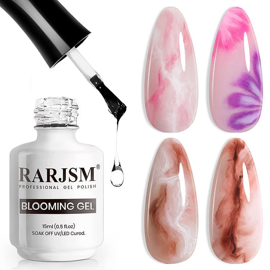 RARJSM bottle front view showing clear blooming gel for easy nail art