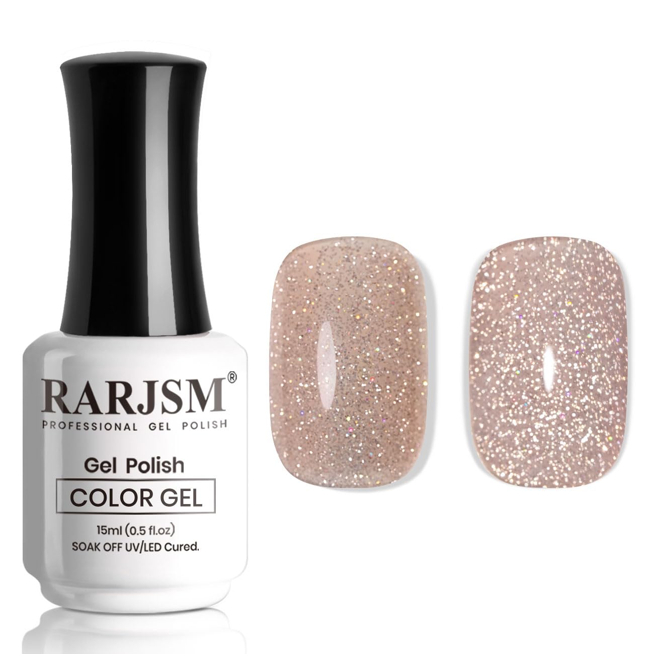 RARJSM bottle front showing nude-pink glitter polish and label for clear identification
