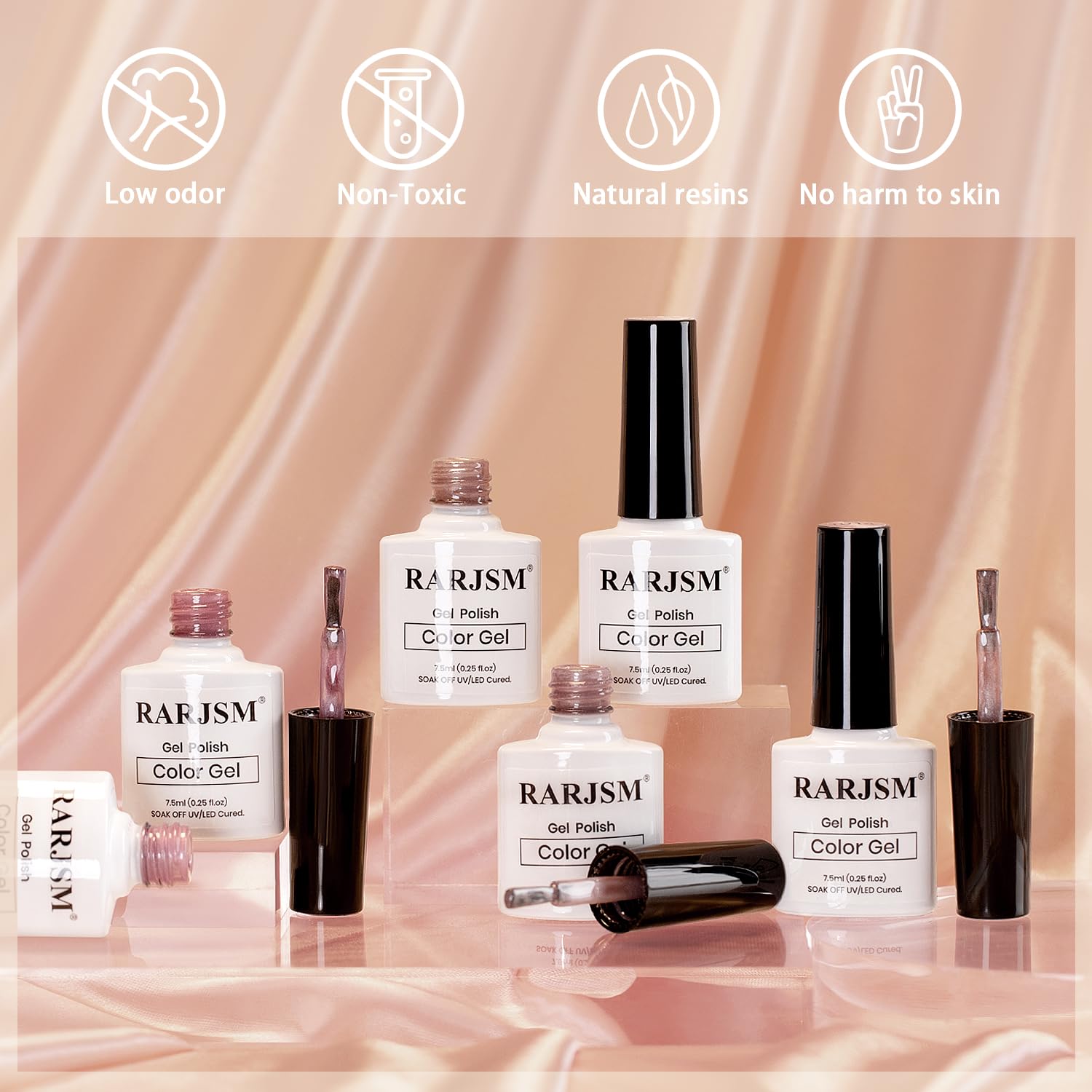 RARJSM bottles beside LED lamp showing correct scale and home-salon readiness