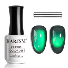RARJSM bottle front view showing dark emerald cat eye finish, vibrant and precise