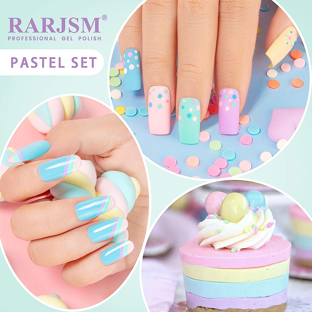 RARJSM five nail swatches displaying macaron palette for color choices