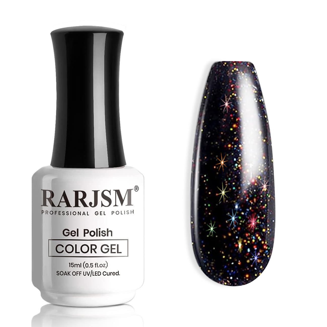 RARJSM front bottle showing black glitter polish and shimmer benefits
